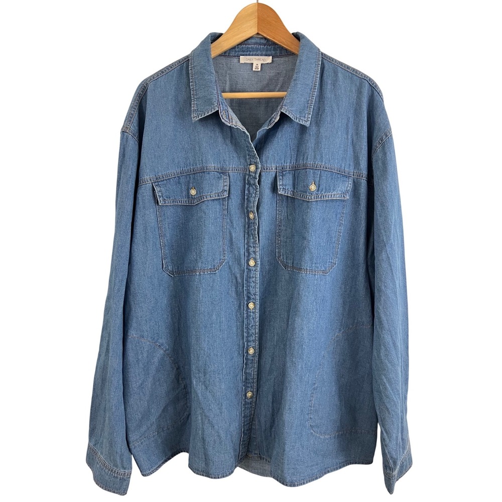Daily Thread Denim Button Down Women 3X Blue Long Sleeve Pockets Cotton Shirt